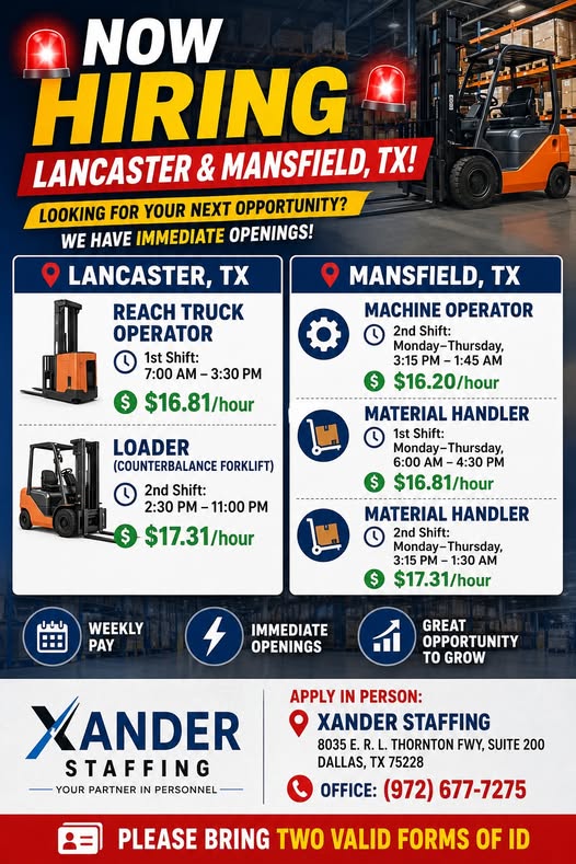 BUSCANDO PERSONAL! – ¡Lancaster y Mansfield, Texas!
