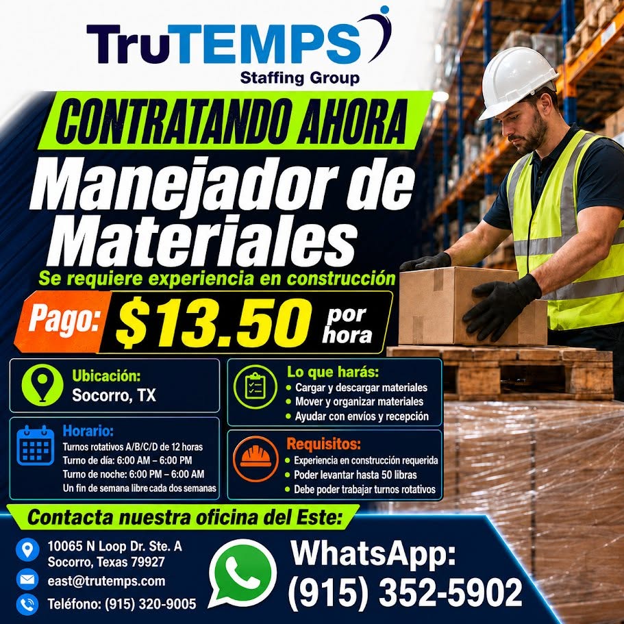 TruTEMPS Staffing - contratando: manejador de materiales