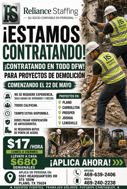 RELIANCE STAFFINF: ESTA CONTRATANDO PARA PROYECTO DE DEMOLICION
