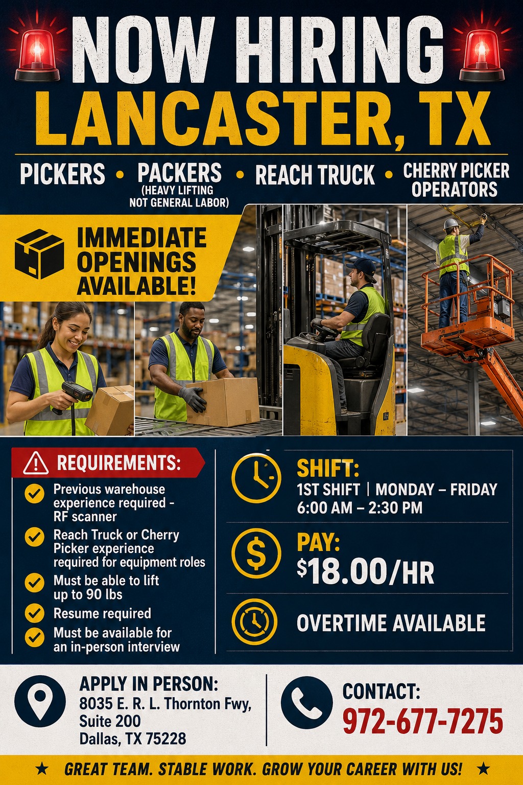 AHORA CONTRATANDO – LANCASTER, TX 🚨 RECOGIDORES • EMPACADORES (no labor general) • ALCANZAR CAMIONETA • OPERADORES DE CHERRY PICKERS