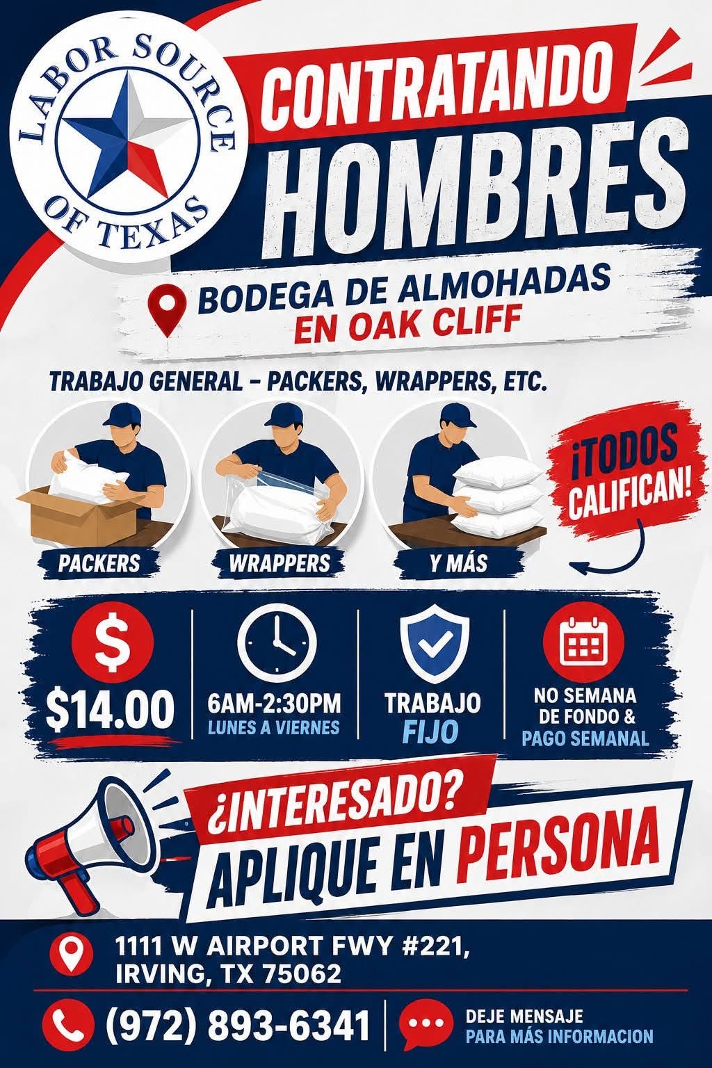 Contratando HOMBRES BODEGA DE ALMOHADAS