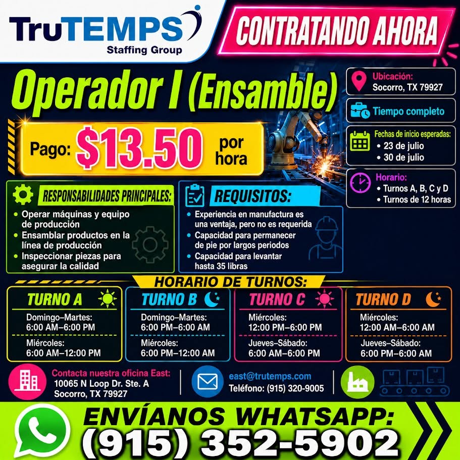 **AHORA CONTRATANDO: OPERADOR I - ASAMBLE