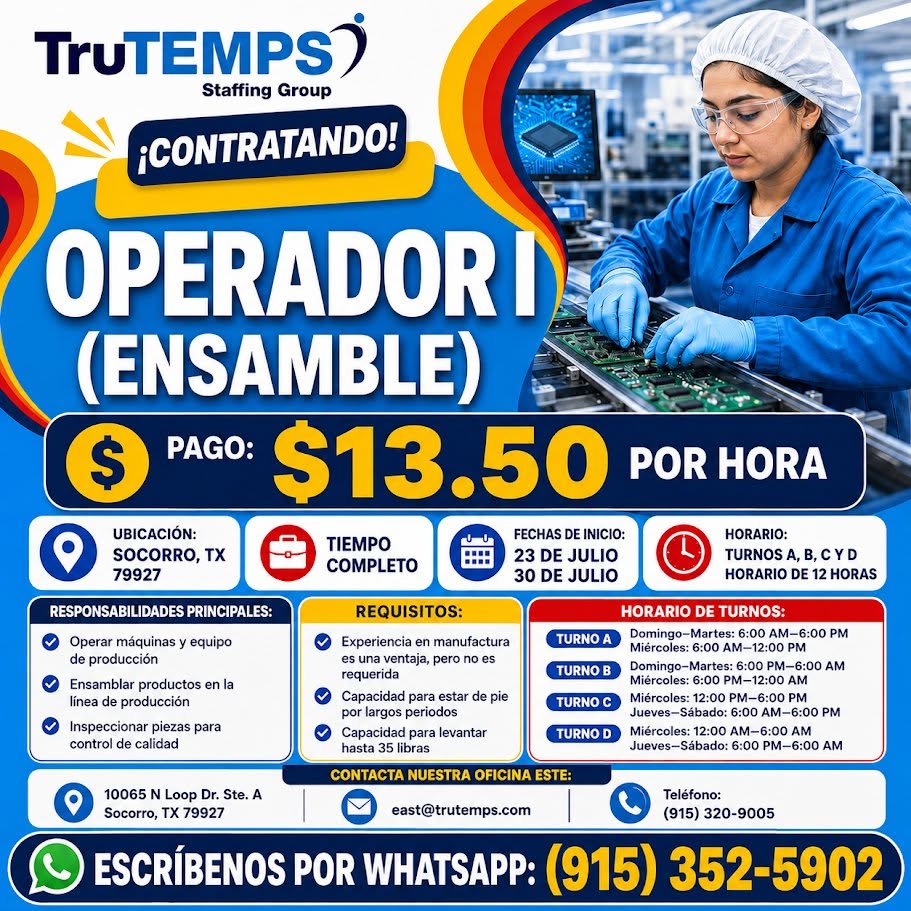 TruTEMPS Staffing - CONTRATANDO: OPERADOR I - ASAMBLE