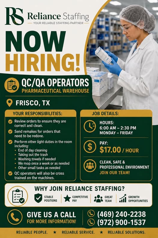 ¡Reliance Staffing está contratando para un almacén farmacéutico!