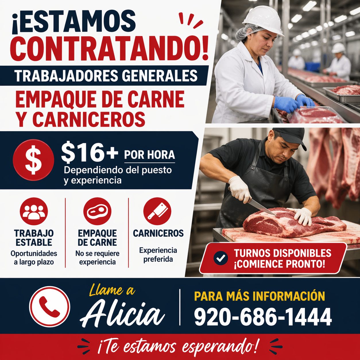 Se contratan trabajadores (empaque de carne y carniceros)