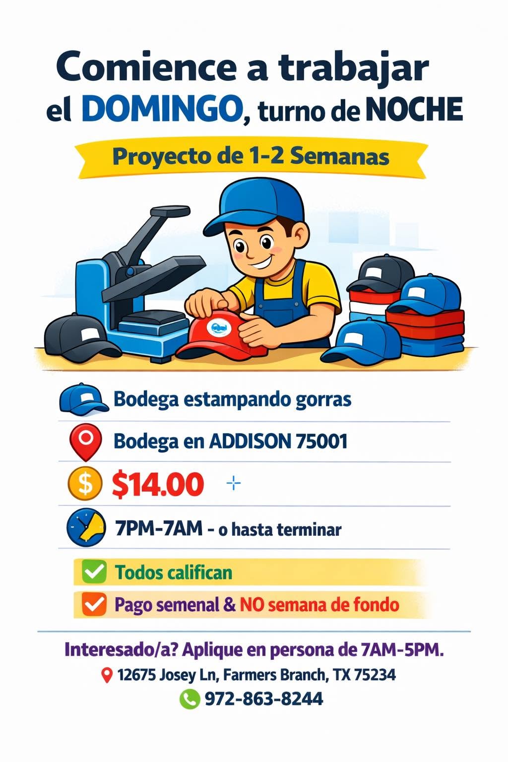 Empleo en bodega estampando gorras - Turno de noche