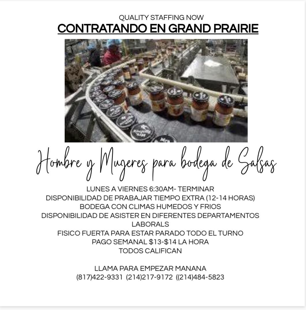 Contratación: Hombres y Mujeres para bodega de salsas (Quality Staffing Now)