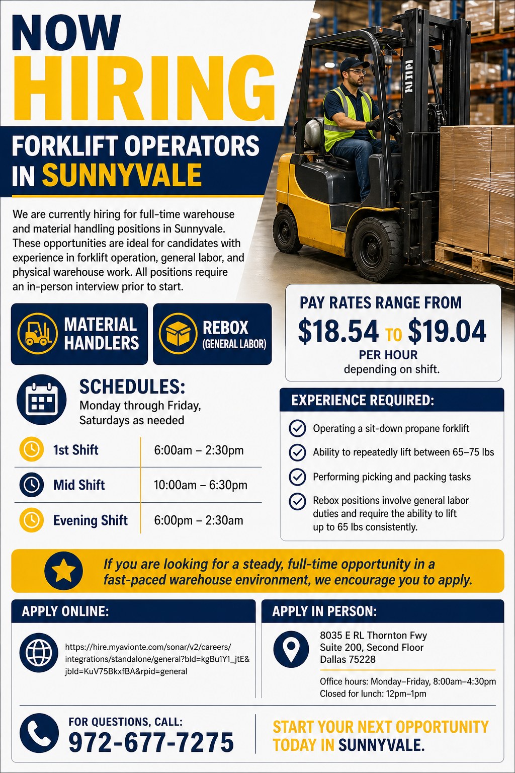 Oferta de empleo: Operador de montacargas (Sunnyvale)