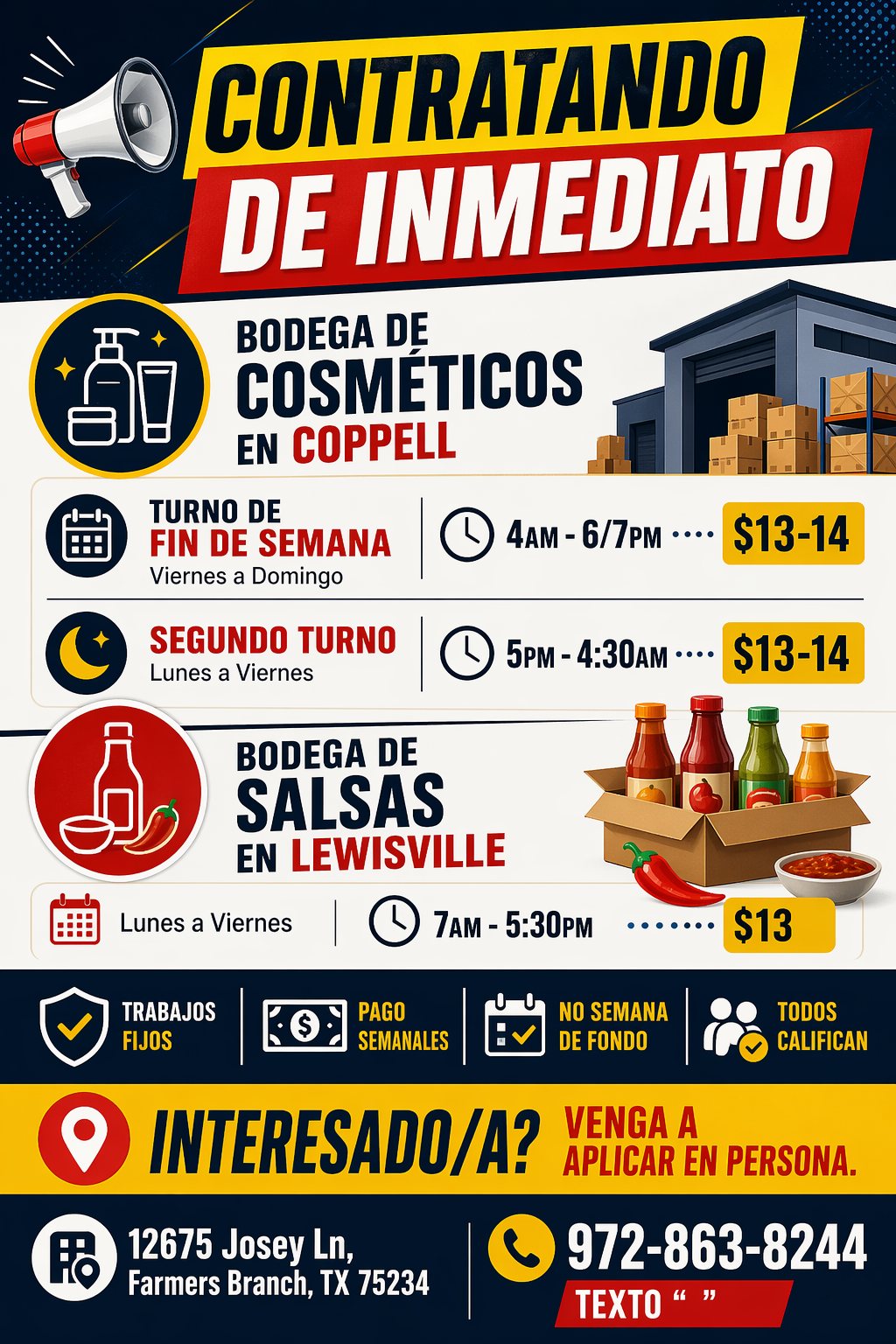 Contratación: Bodega de Cosméticos y Bodega de Salsas (Coppel/Lewisville)
