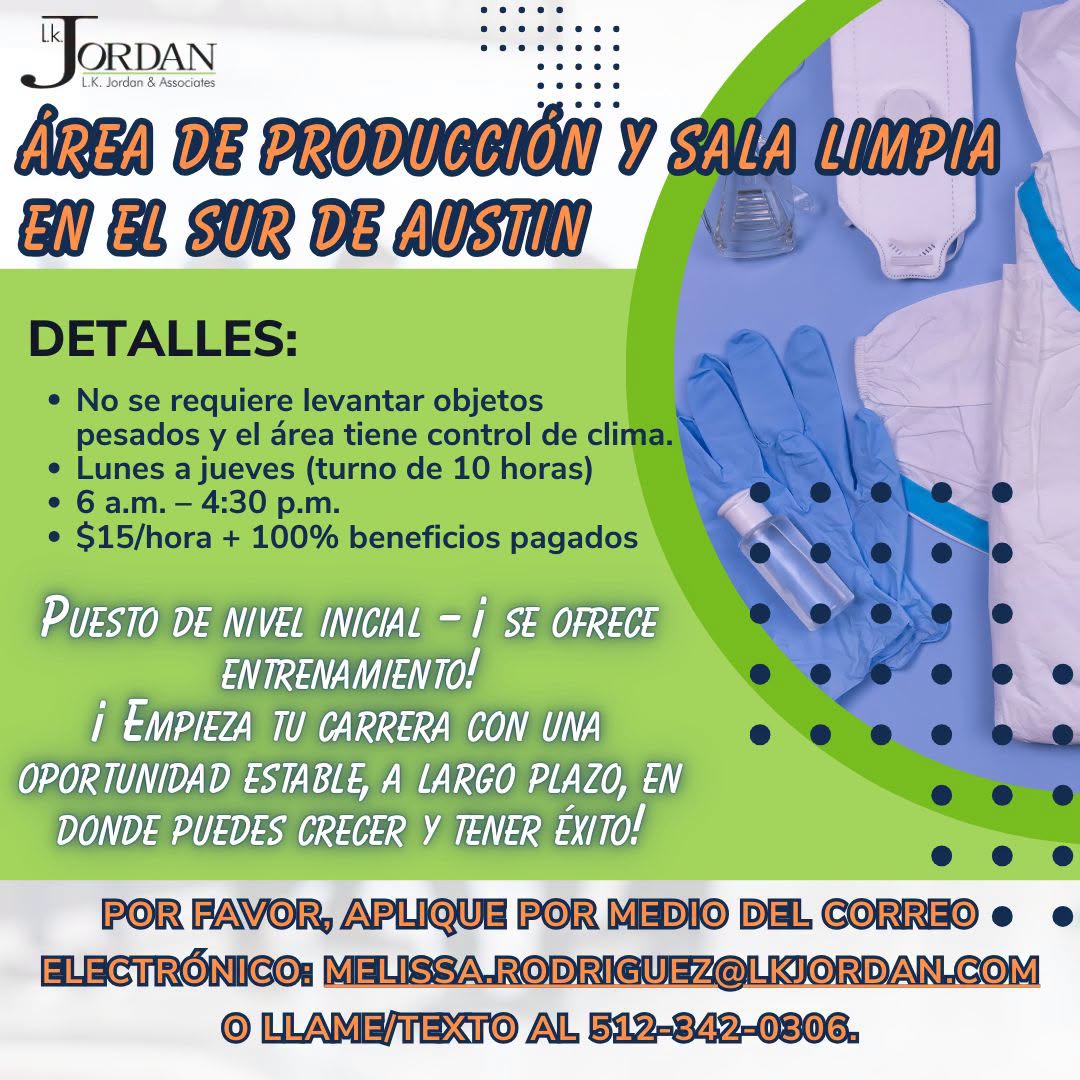 Empleo en Producción y Sala Limpia en el sur de Austin