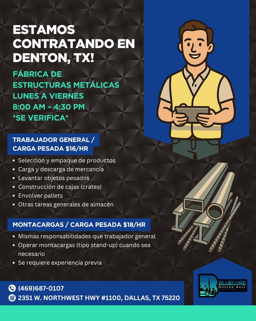 Se contrata en fábrica de estructuras metálicas (Denton, TX)