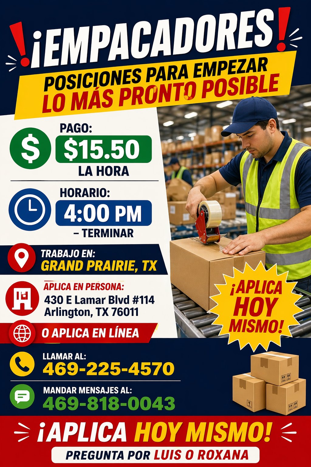 Empleo: Empacadores (pago $15.50 la hora)