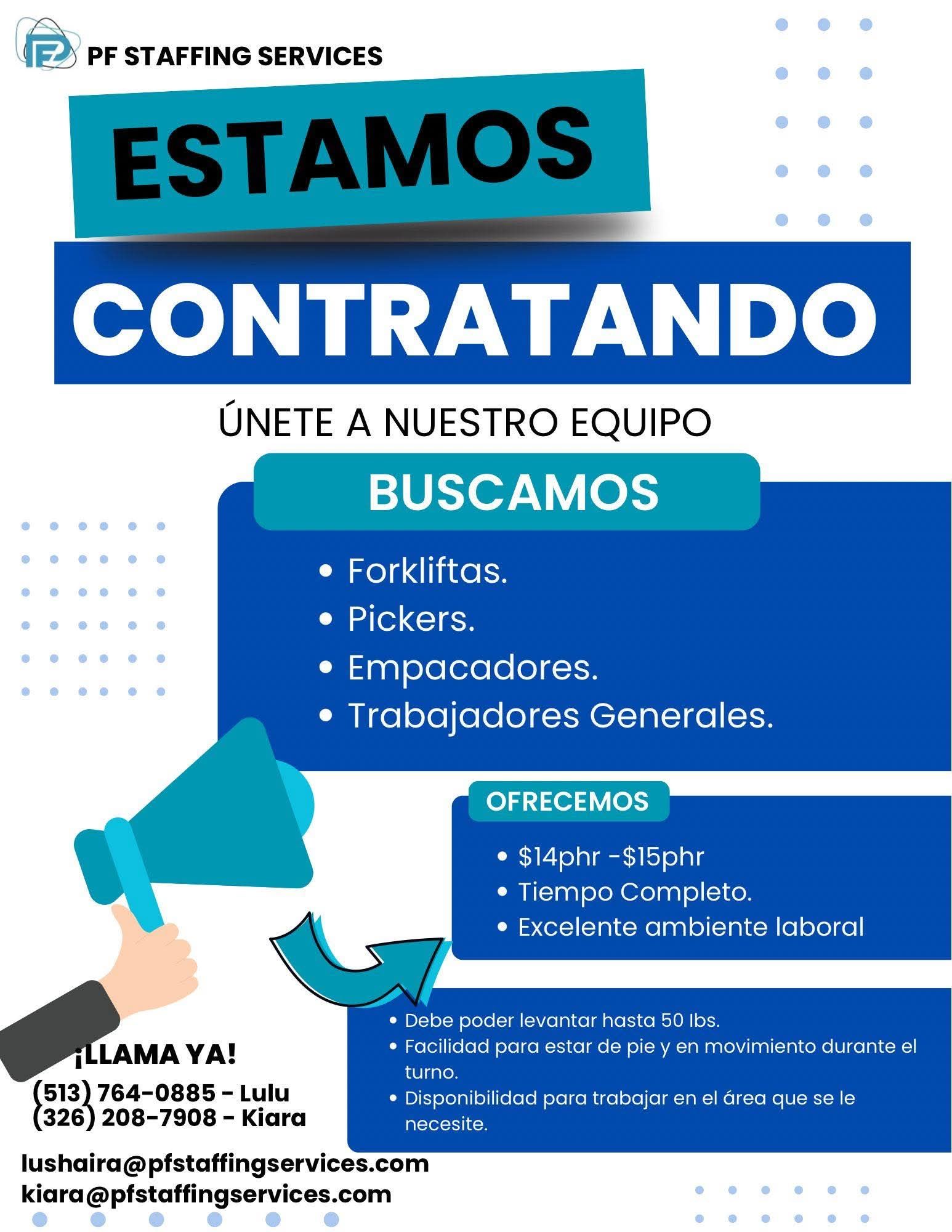 Estamos contratando: Forklifts, Pickers, Empacadores y Trabajadores Generales