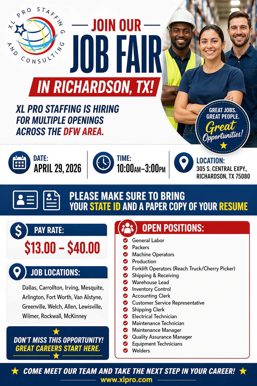 Feria de empleo XL Pro Staffing (Richardson, TX) PROGRAMA TU CITA, MSJ DE TEXTO