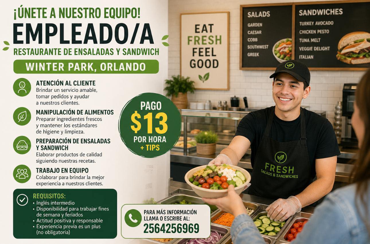Se busca personal para Restaurante de Ensaladas y Sándwiches