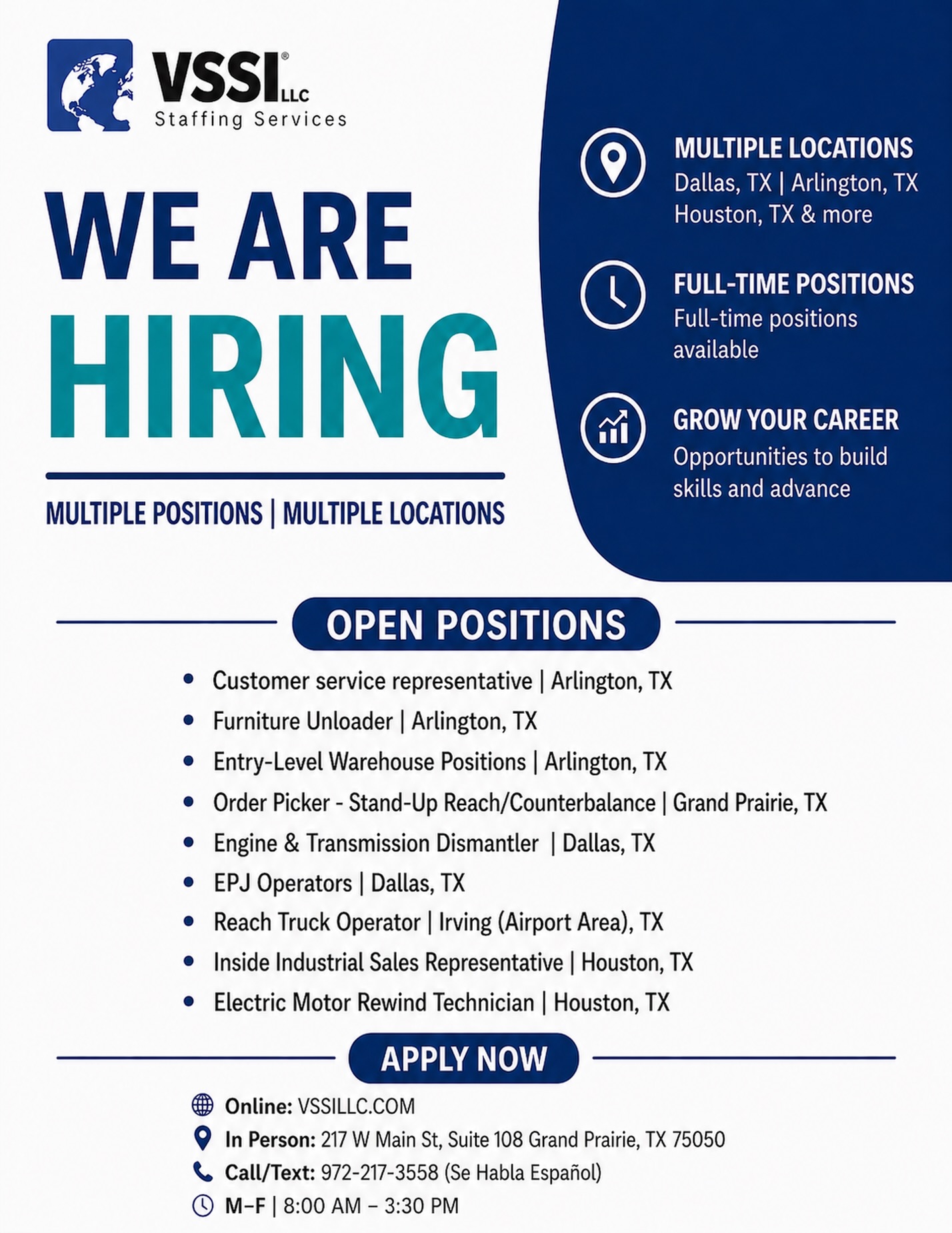 VSSI Staffing Services: vacantes en múltiples ubicaciones (TX)