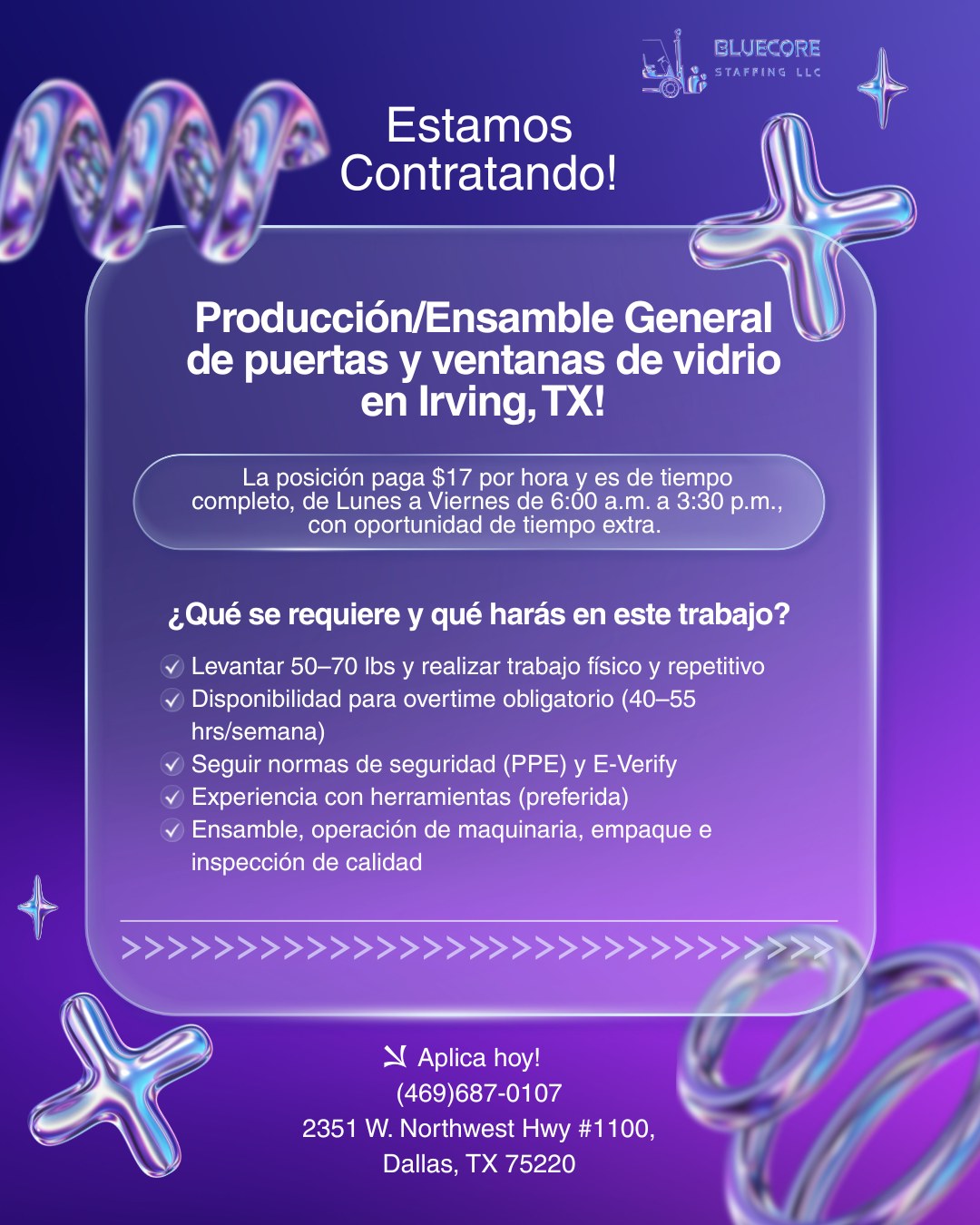 Trabajo en Producción/Ensamble (Puertas y Ventanas de Vidrio)