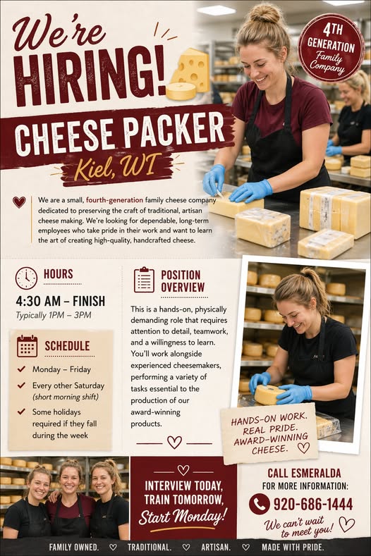 Se busca Cheese Packer (Kiel, WI)