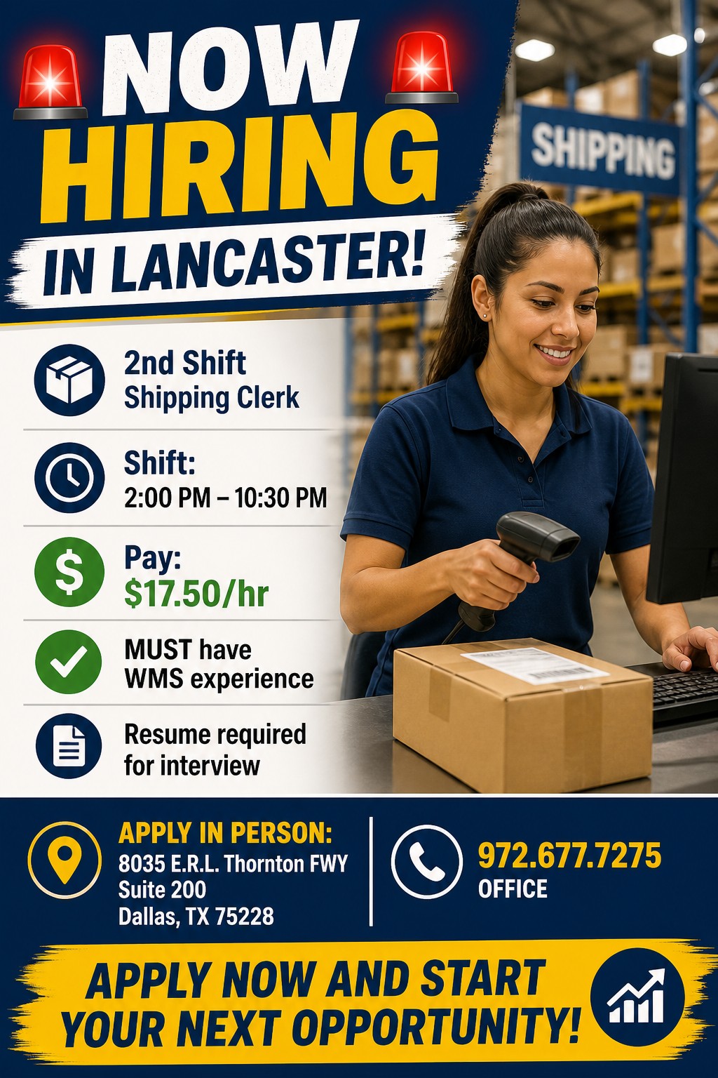 Empleo: Empleado de envío 2do Turno en Lancaster, $17.50/hr