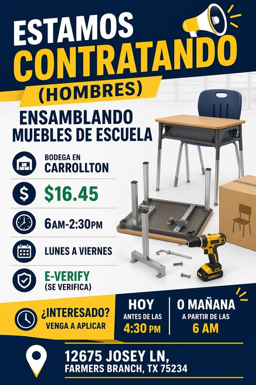 Se contratan hombres: ensamblando muebles de escuela