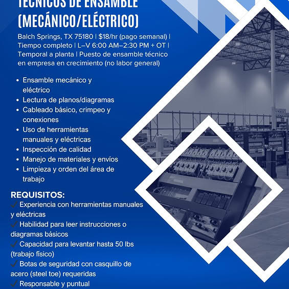 Empleo: Técnico de Ensamble (Mecánico/Eléctrico)