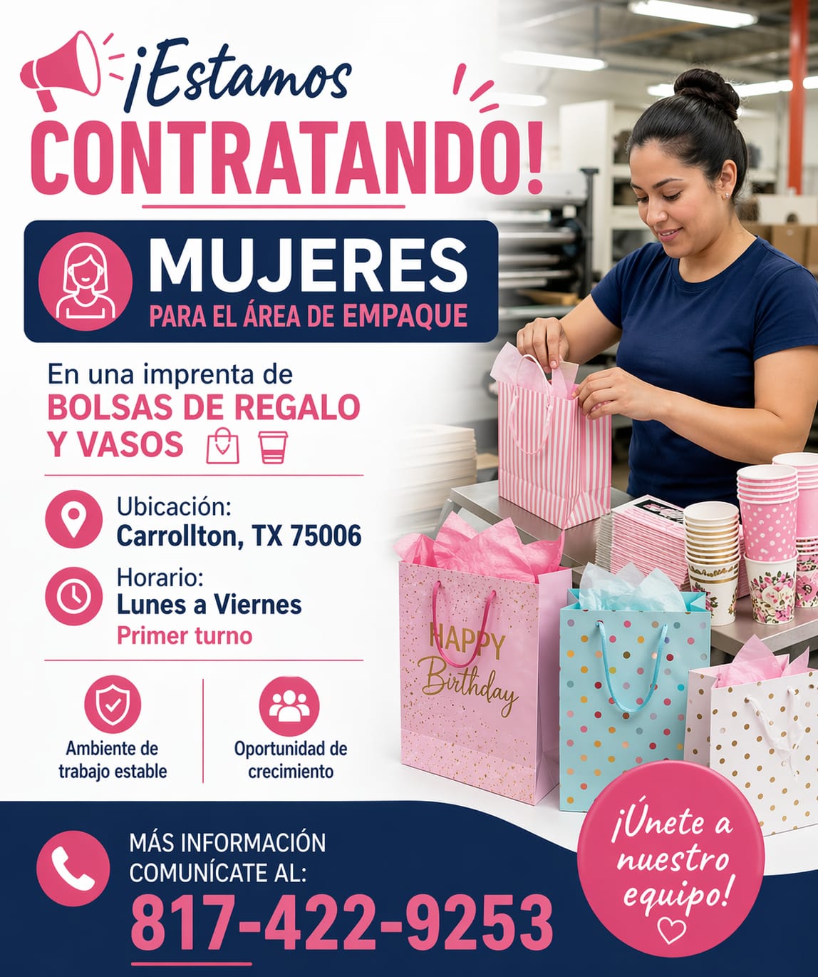 Empleo: Mujeres para área de empaque (Carrollton, TX)